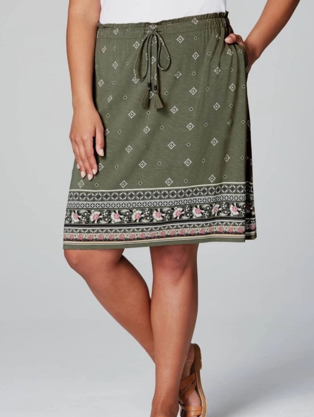 NWOT J. Jill Sage Green Pull-on Elastic Waist Boho Print Midi Skirt Size Medium